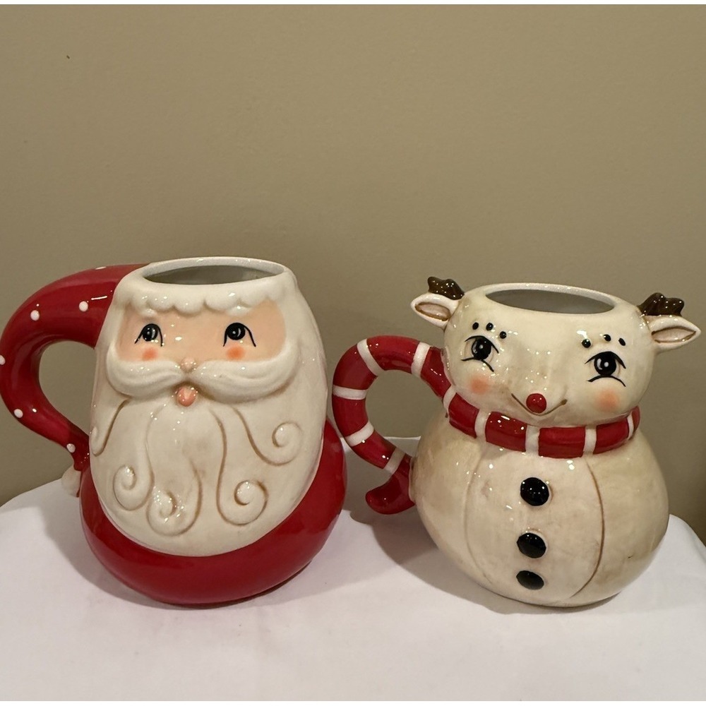Johanna Parker Santa and Reindeer Coffee Mug Set Red ~ New🎅